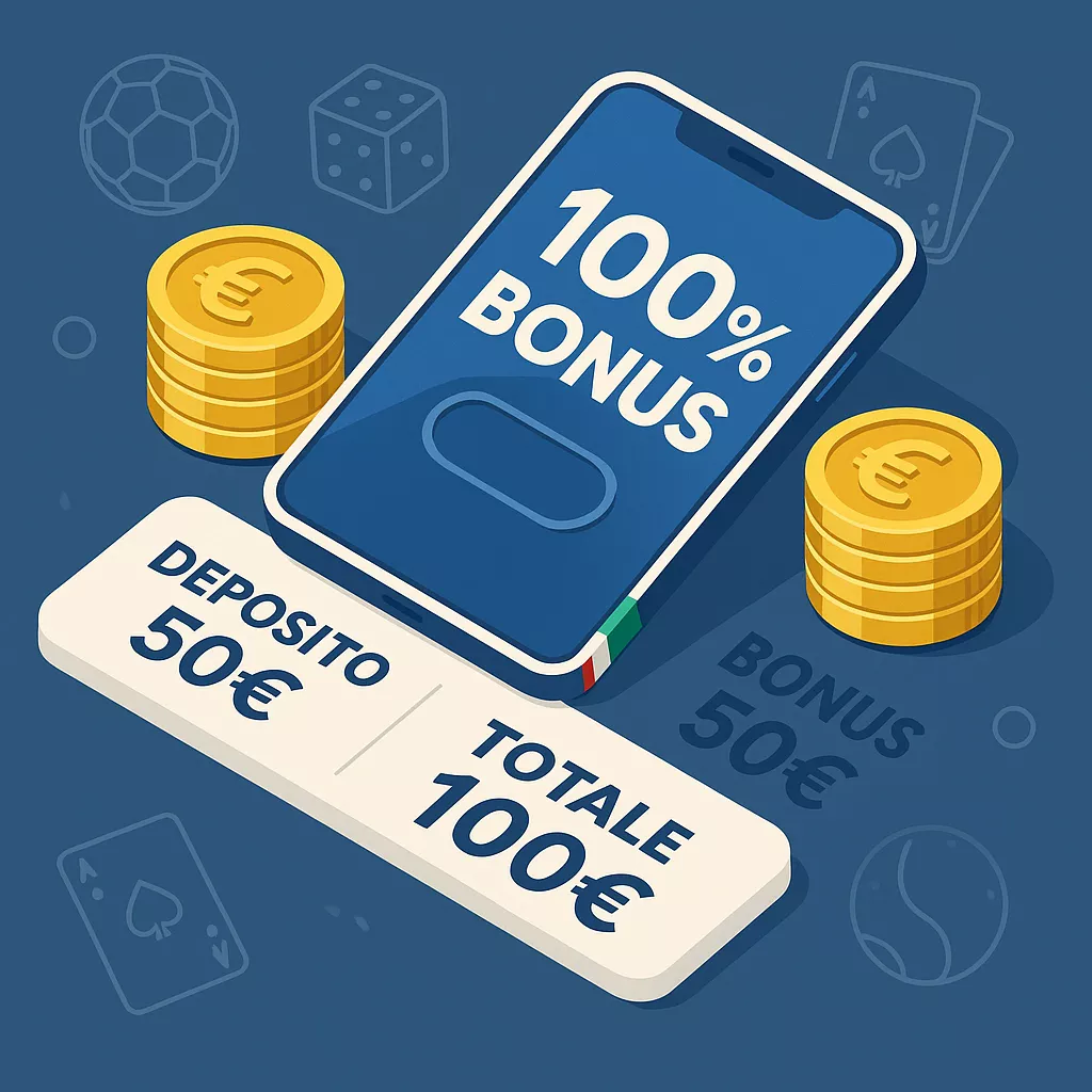 Come funziona il bonus primo deposito nelle scommesse sportive Schema illustrativo del funzionamento del bonus primo deposito: deposito iniziale più bonus 100% per raddoppiare il credito di gioco