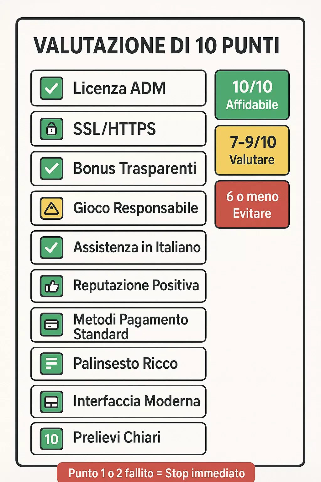 Checklist valutazione 10 punti - Come valutare un sito scommesse Checklist completa verticale con 10 punti per valutare sicurezza sito scommesse: licenza ADM, SSL, bonus trasparenti, gioco responsabile, assistenza italiano, reputazione, metodi pagamento, palinsesto, interfaccia, prelievi con scoring