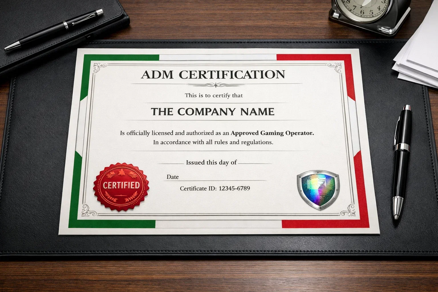 Certificato di licenza ADM con simbolo di sicurezza