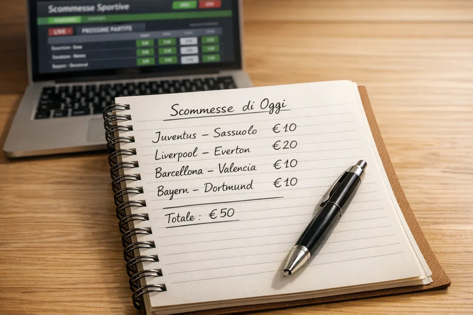 Blocco note con piano di scommesse e laptop