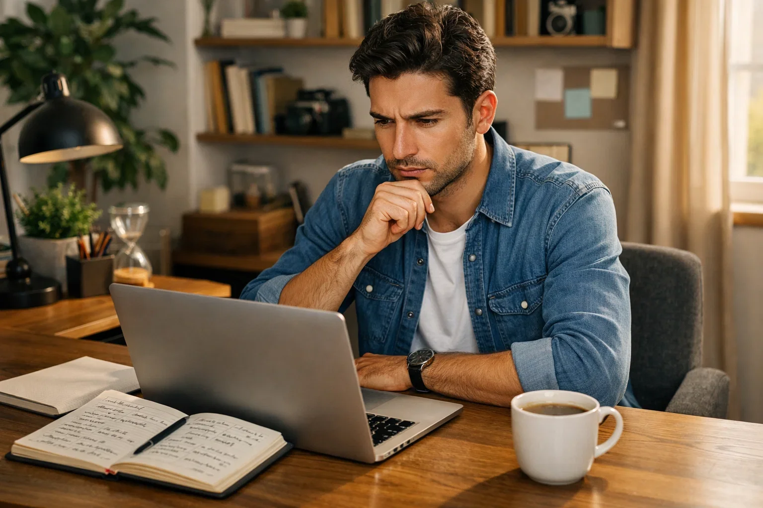 Scommettitore concentrato che pianifica strategia al computer