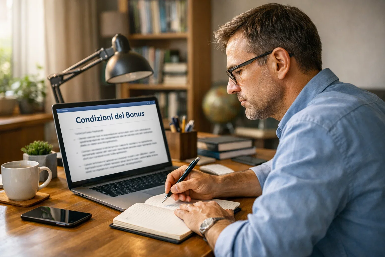 Persona che legge attentamente i termini e condizioni su laptop