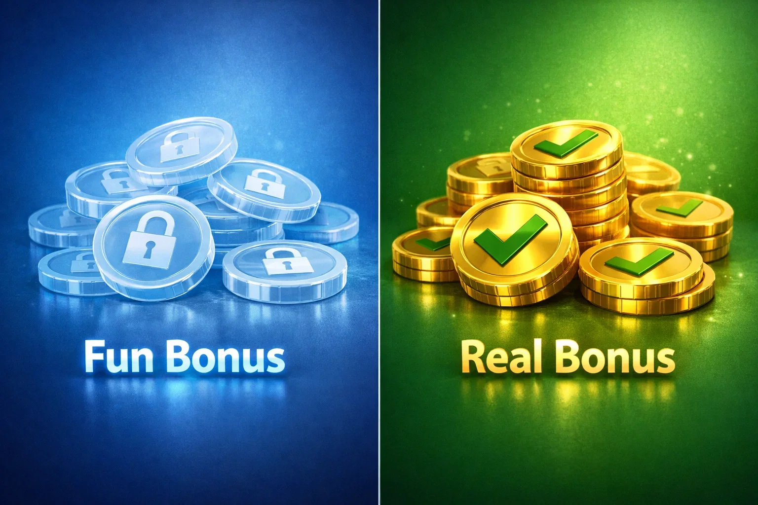 Due icone che rappresentano bonus virtuale e bonus reale a confronto