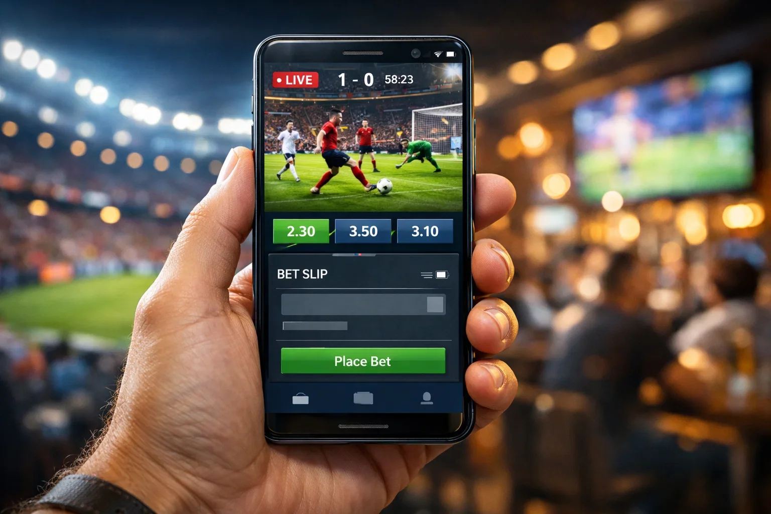 Smartphone con app scommesse sportive e partita in background