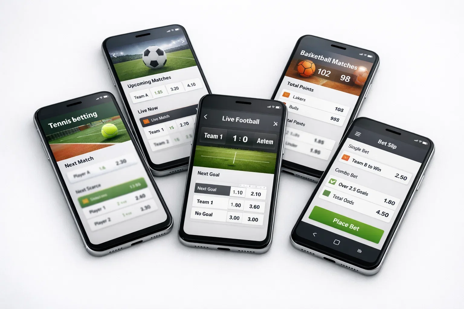 Diversi smartphone che mostrano interfacce app scommesse