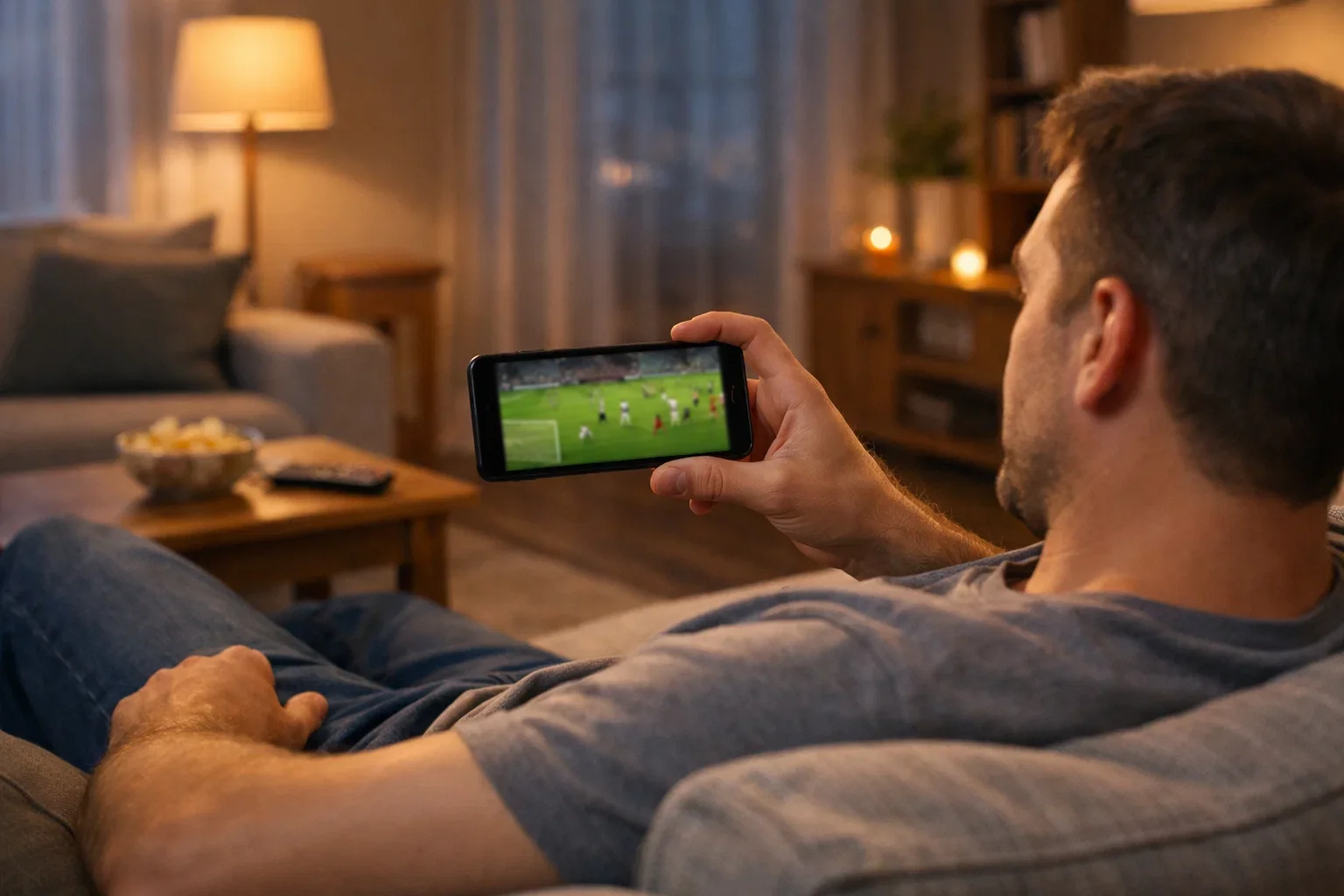 Persona che guarda partita in streaming su smartphone