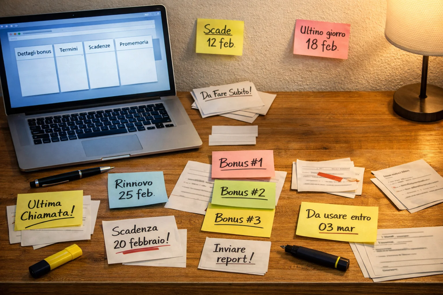 Scrivania disordinata con troppi fogli e schermi