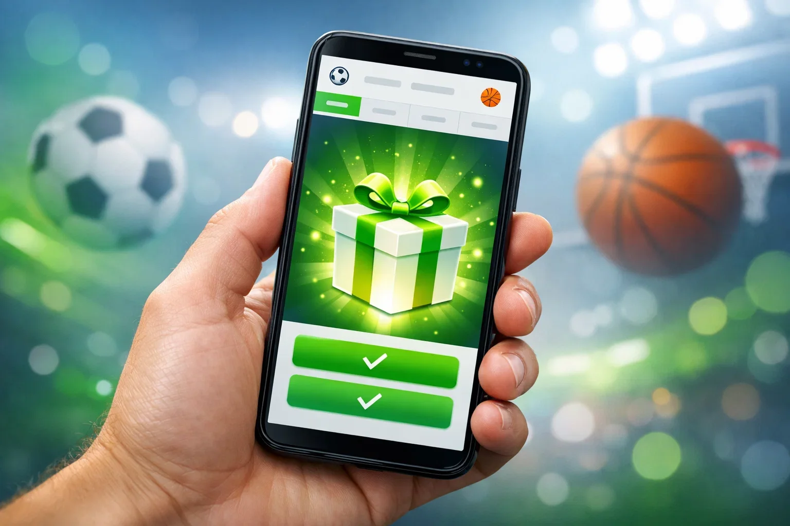 Smartphone con app scommesse e simbolo regalo gratuito