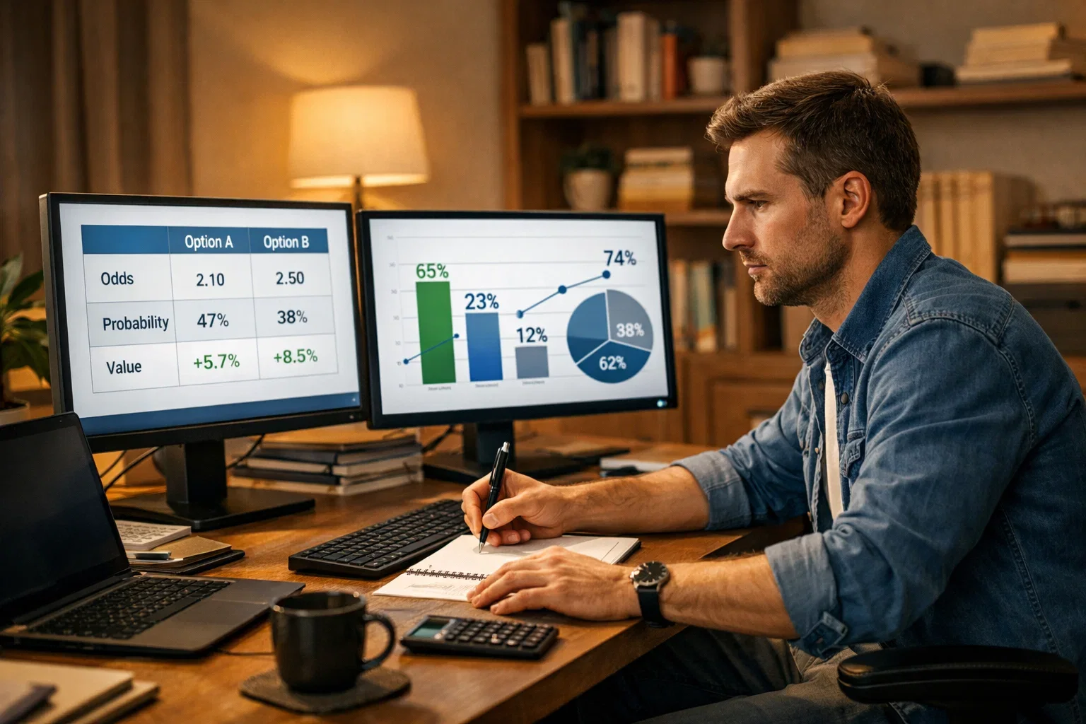 Analista che studia quote e statistiche su monitor