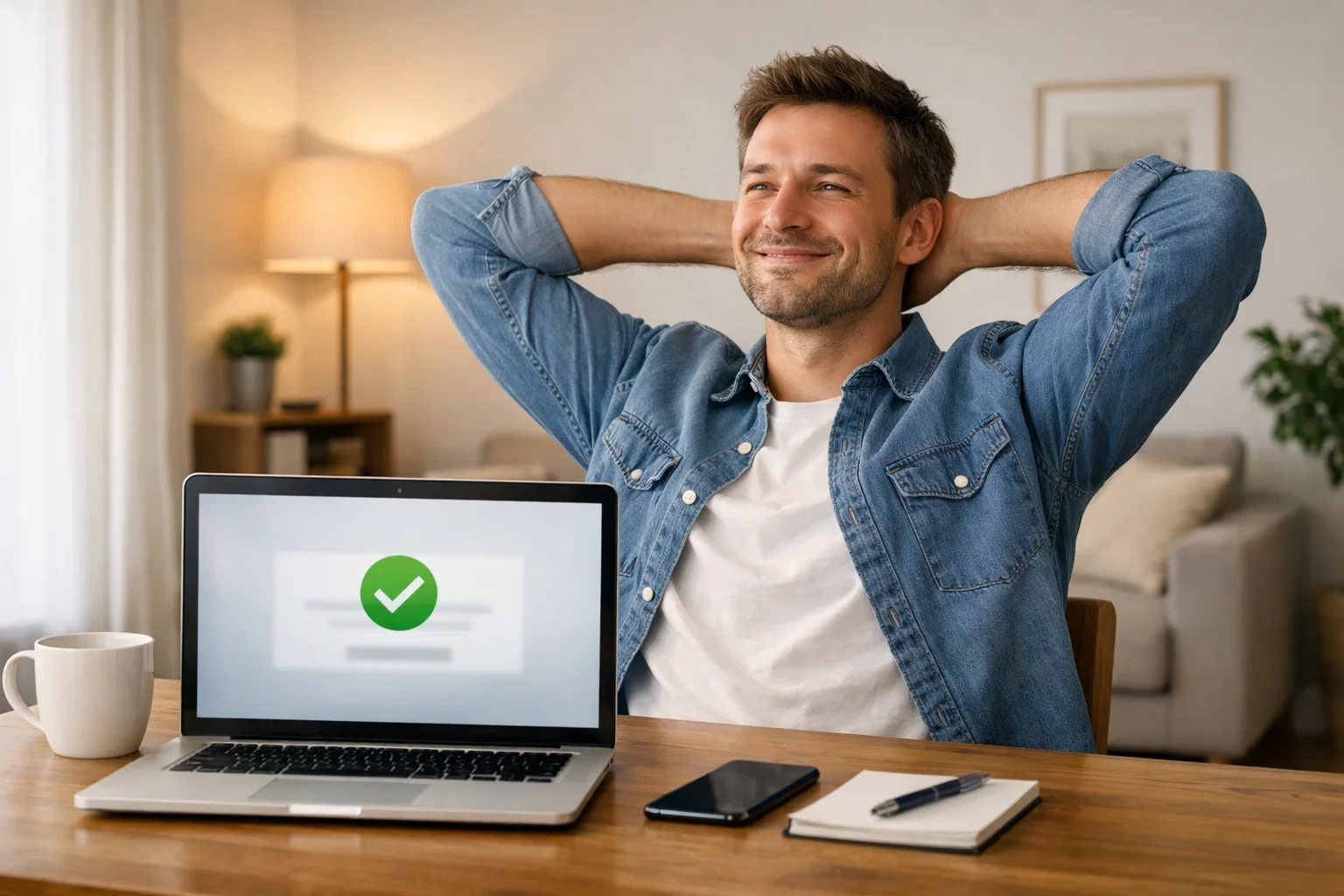 Persona soddisfatta che completa un prelievo su laptop