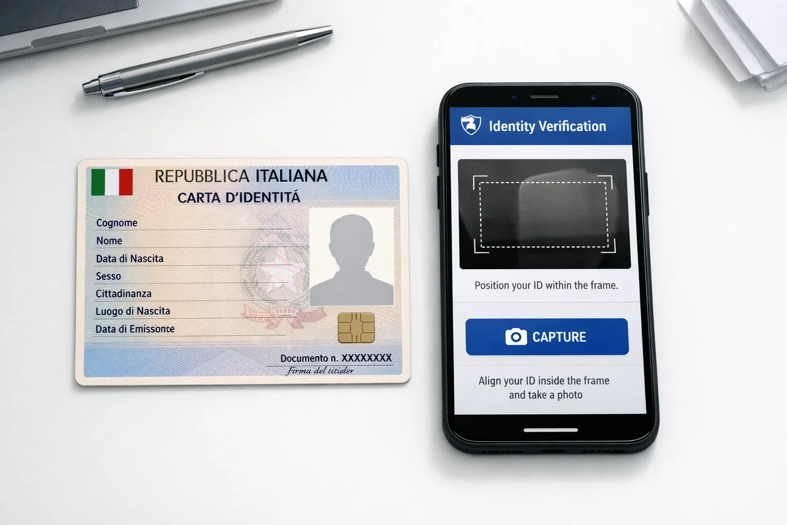 Documento d'identit&agrave; accanto a smartphone per verifica