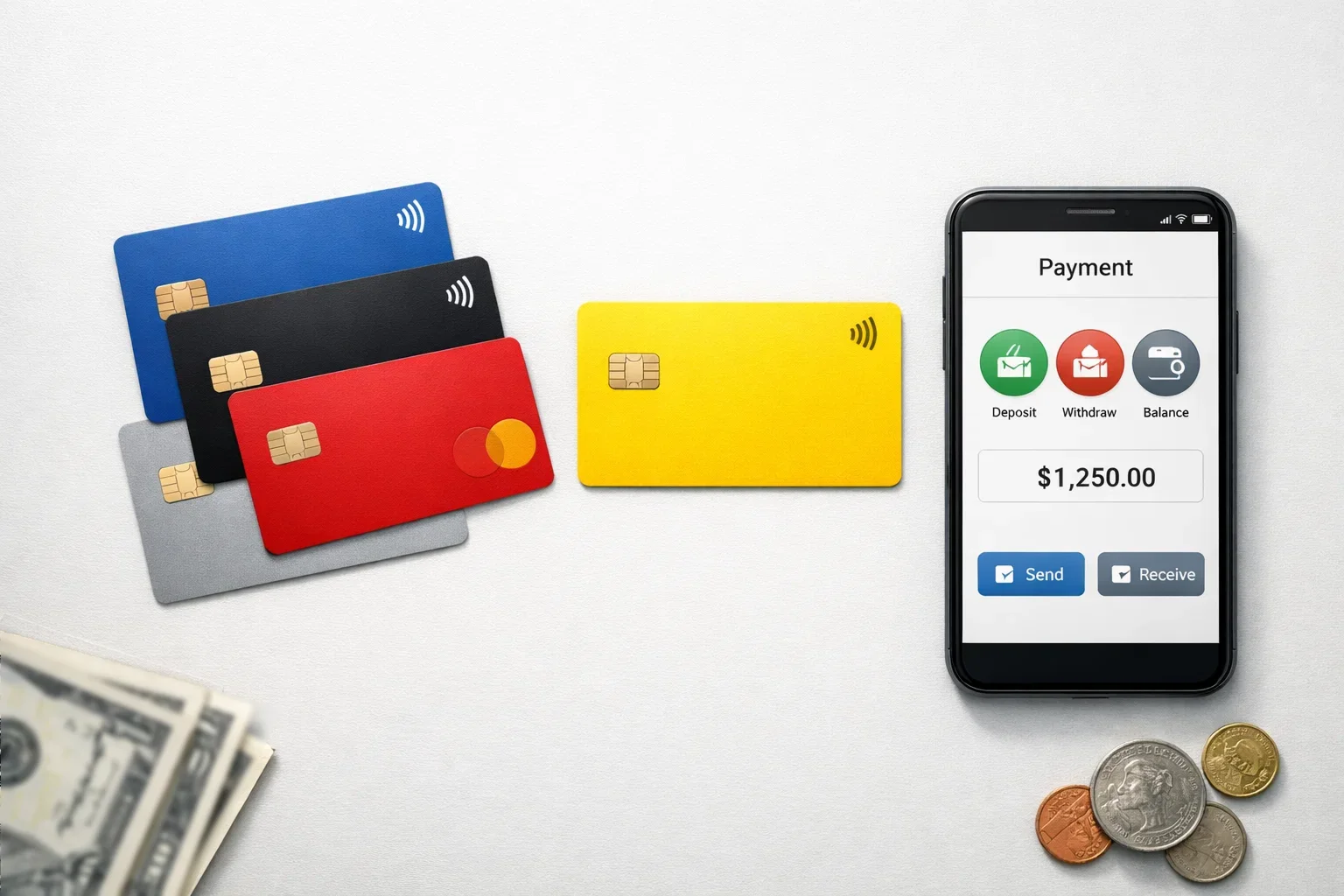 Diverse carte e metodi di pagamento su superficie