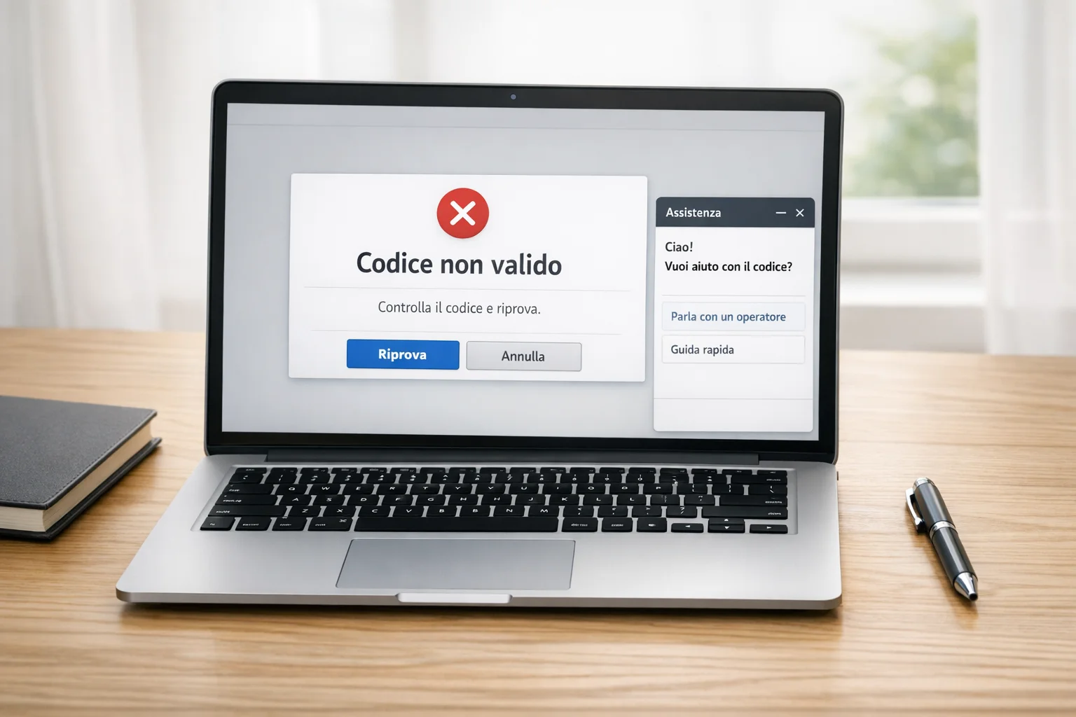 Messaggio di errore su schermo con suggerimento soluzione