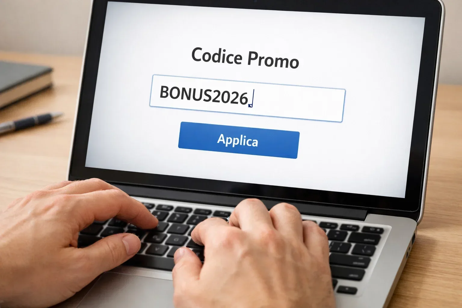 Mano che digita codice in campo su laptop