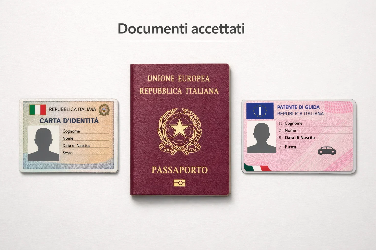 Carta d'identità, passaporto e patente su superficie