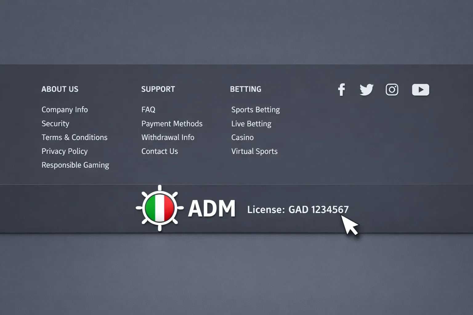 Footer sito scommesse con logo ADM e numero concessione