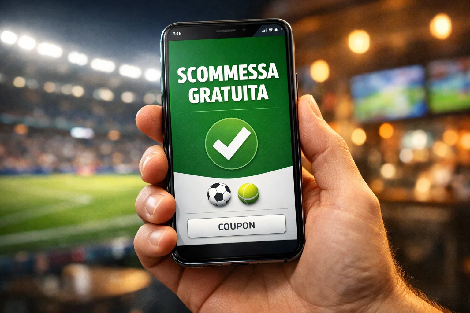Mano che tiene smartphone con ticket scommessa gratuita