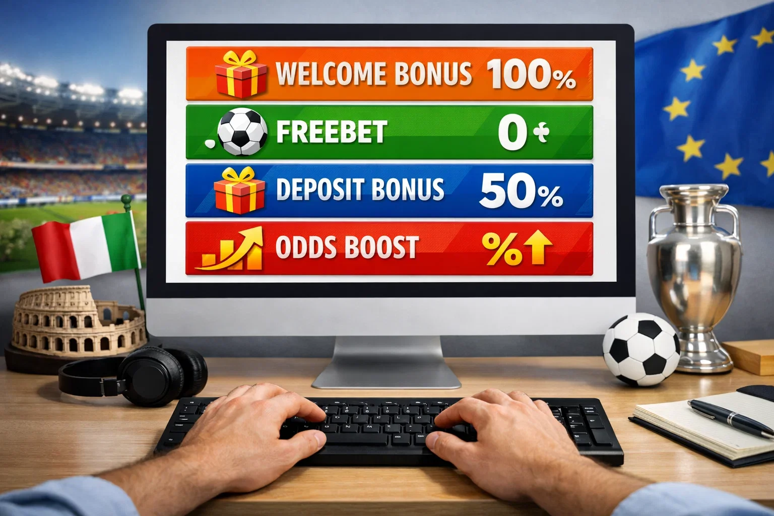 Schermo con promozioni sportive e simbolo bonus