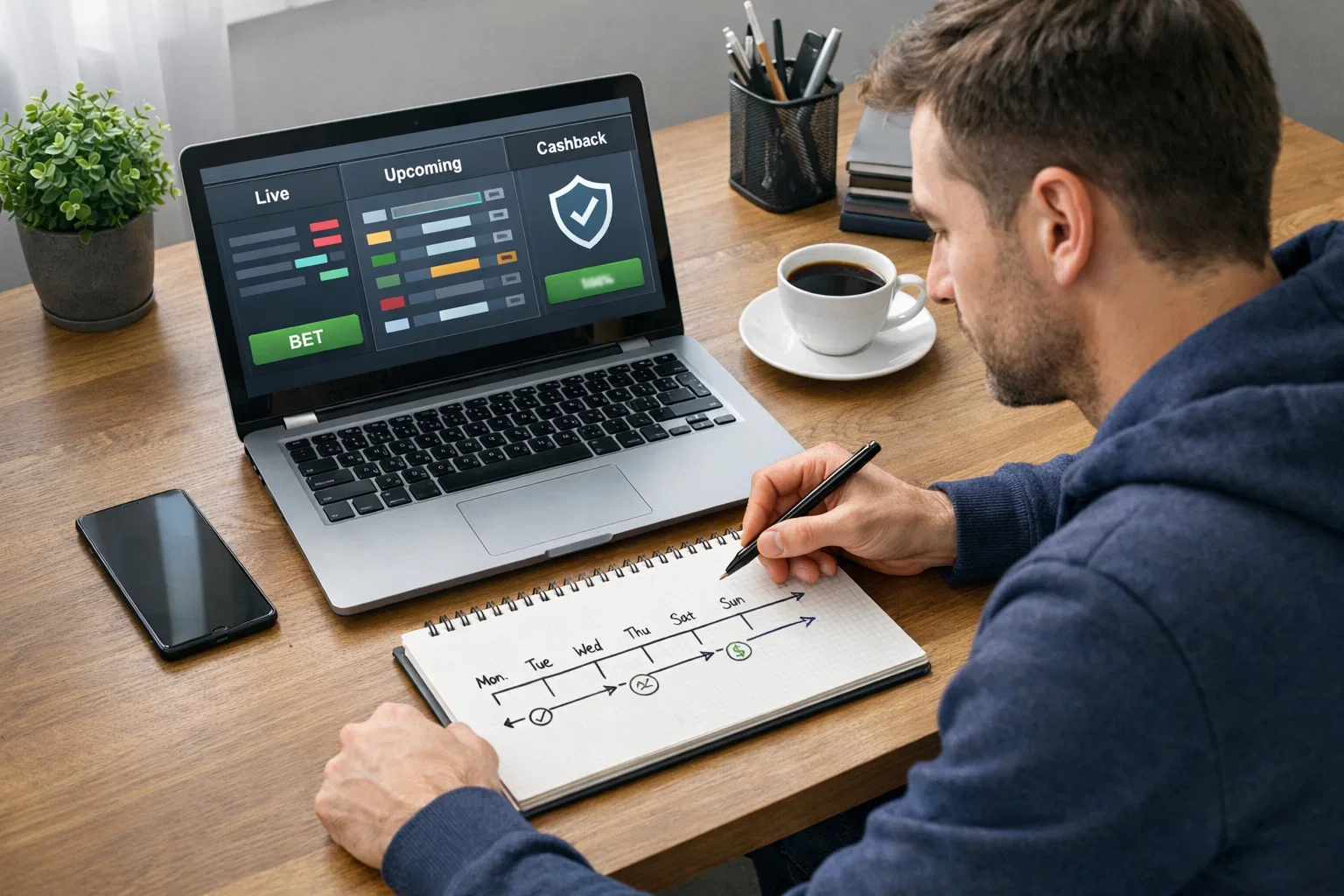 Persona pianifica scommesse con blocco note e laptop