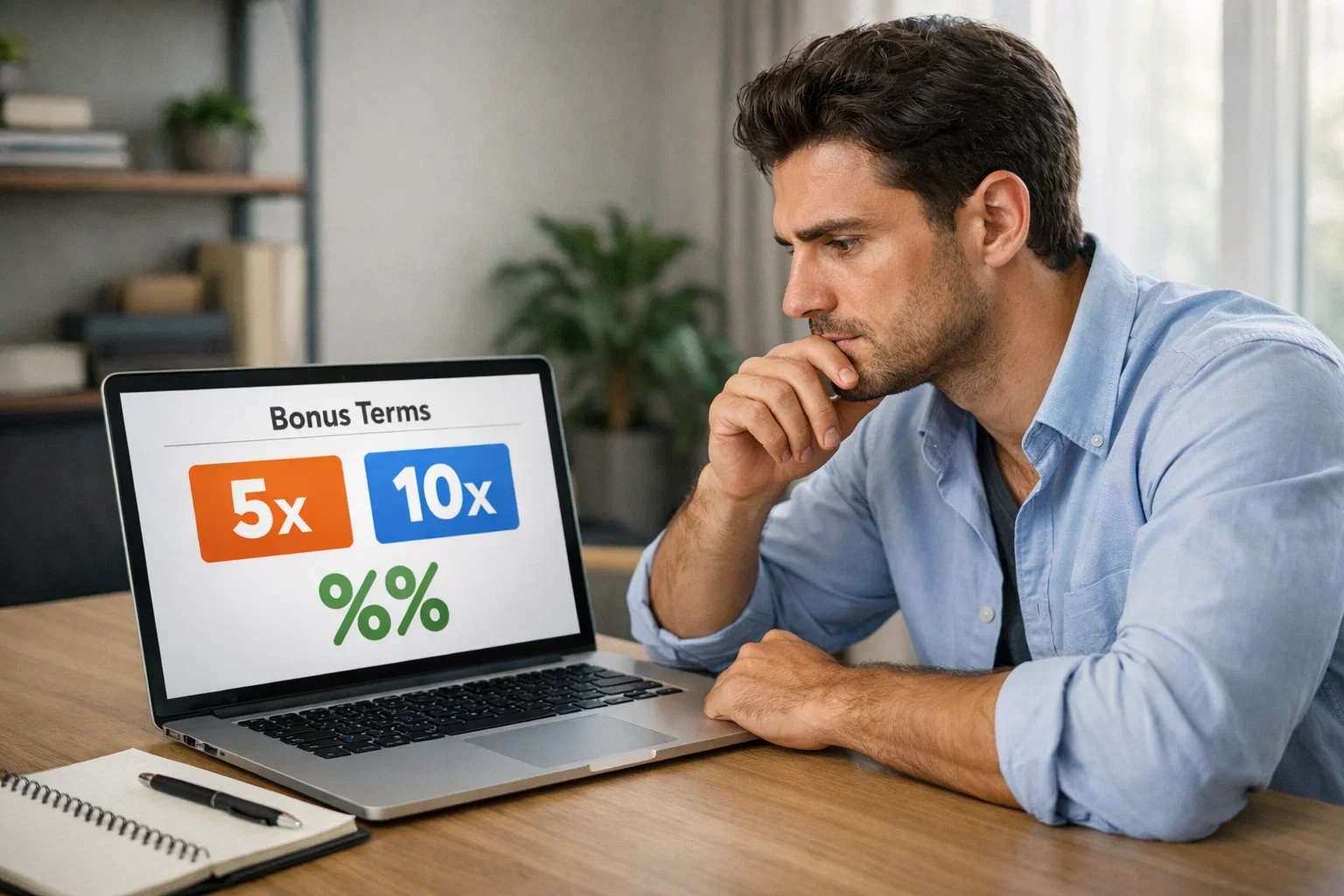 Persona che studia i termini di un bonus scommesse su laptop