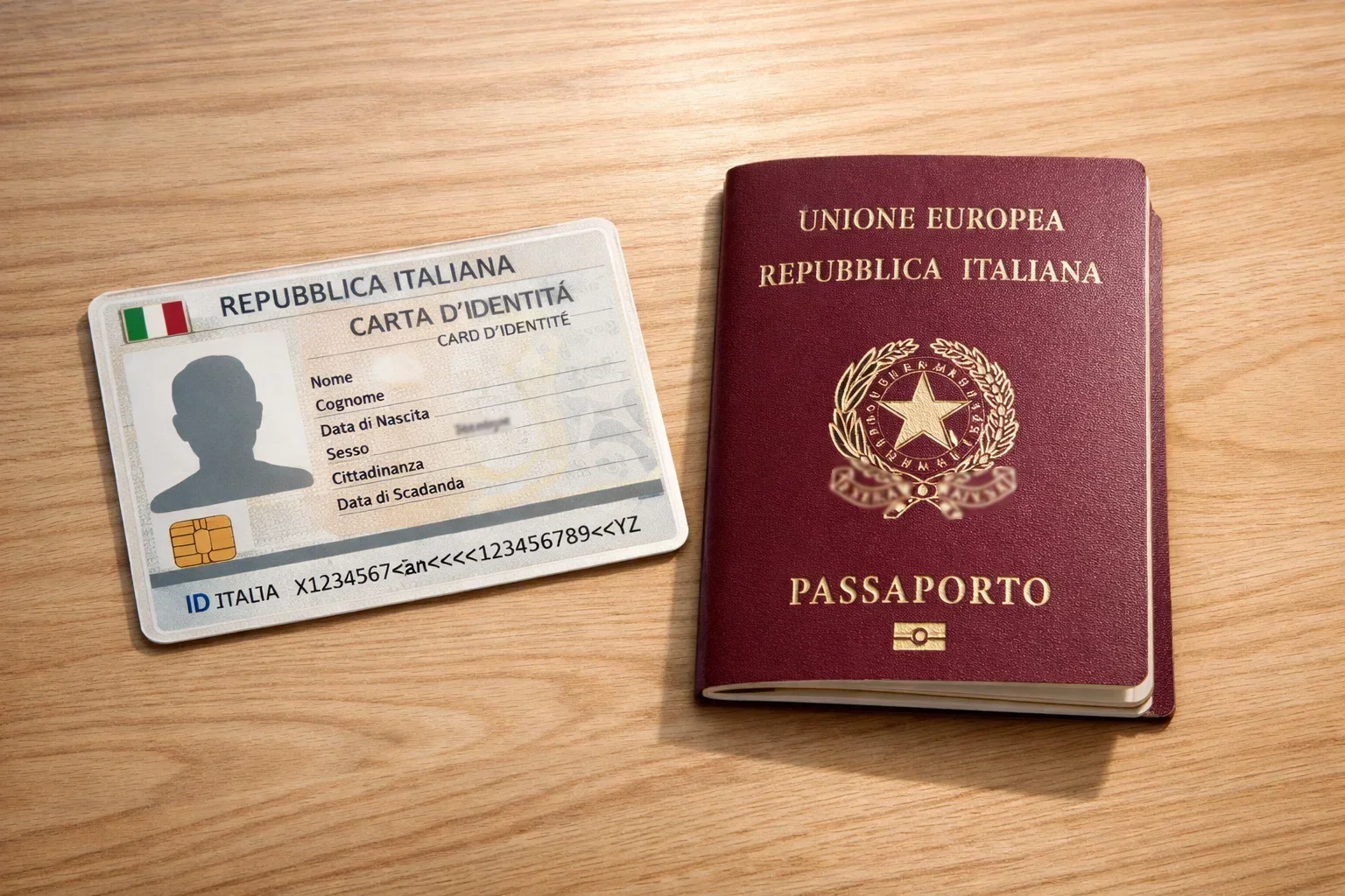 Carta d'identit&agrave; e passaporto su scrivania per verifica