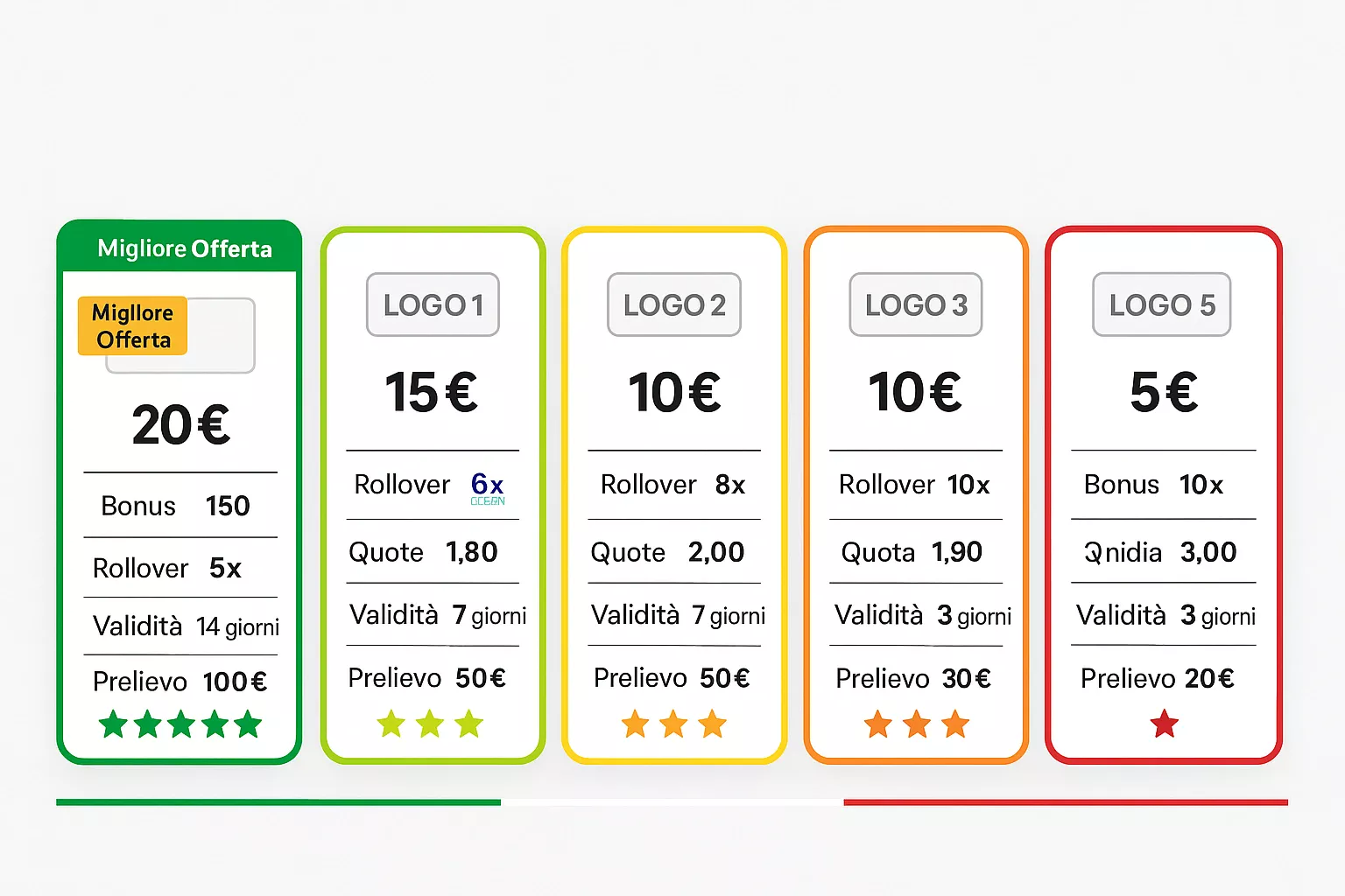 Tabella comparativa dei migliori bonus senza deposito in Italia 2025: confronto importi, rollover, quote minime, validit&agrave; e massimali di prelievo tra bookmaker