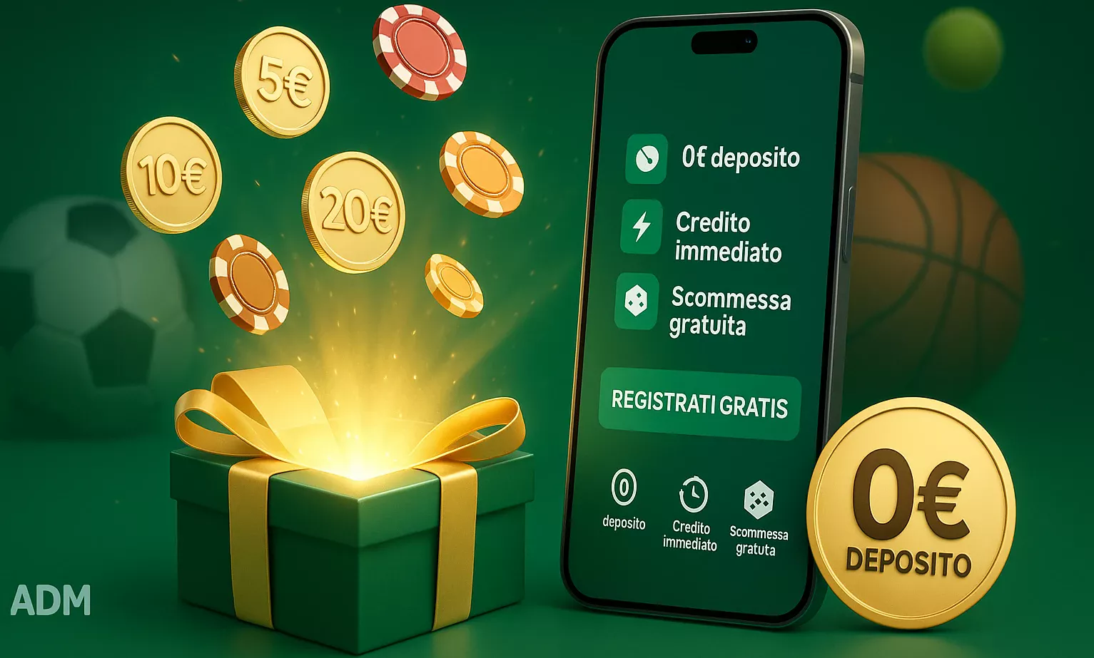 Gift box aperto con monete bonus €5, €10, €20 che fluttuano: il concetto di bonus senza deposito per scommettere gratis senza versare denaro