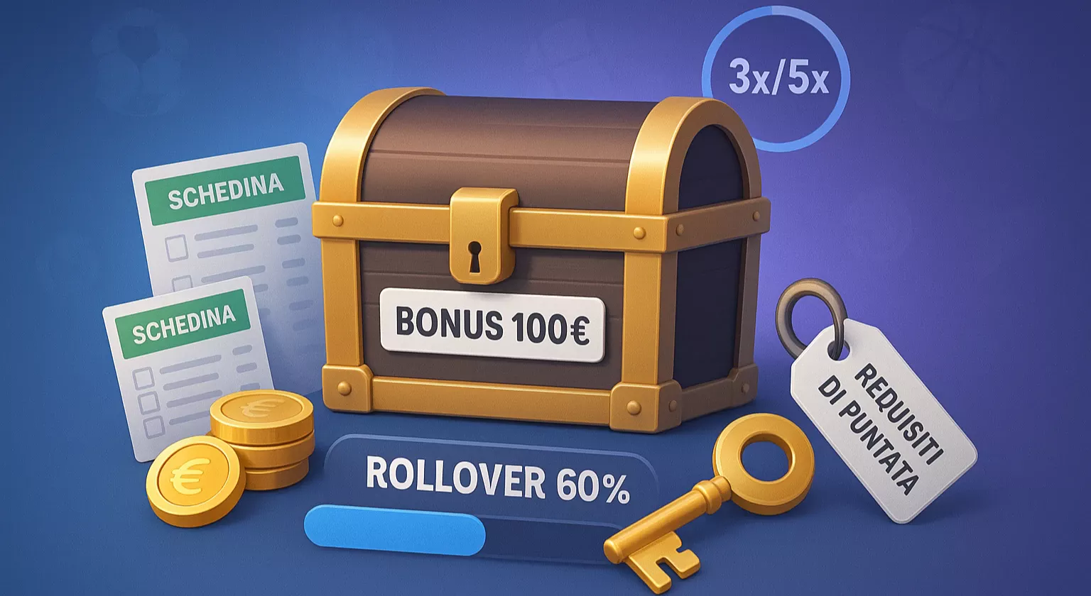 Visualizzazione del concetto di rollover e wagering requirements: forziere bonus bloccato con barra di progresso che mostra il completamento dei requisiti di puntata