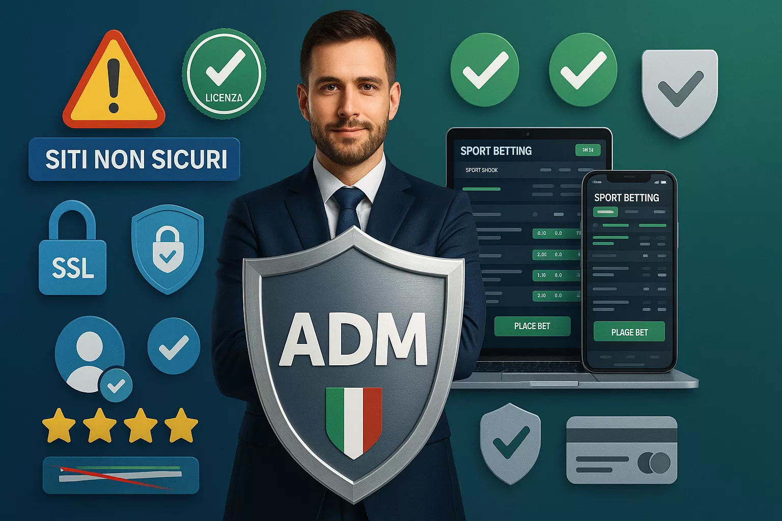 Scudo protettivo con badge ADM circondato da elementi di sicurezza: lucchetto SSL, certificazioni verificate, rating stelle per identificare siti scommesse sicuri e affidabili in Italia