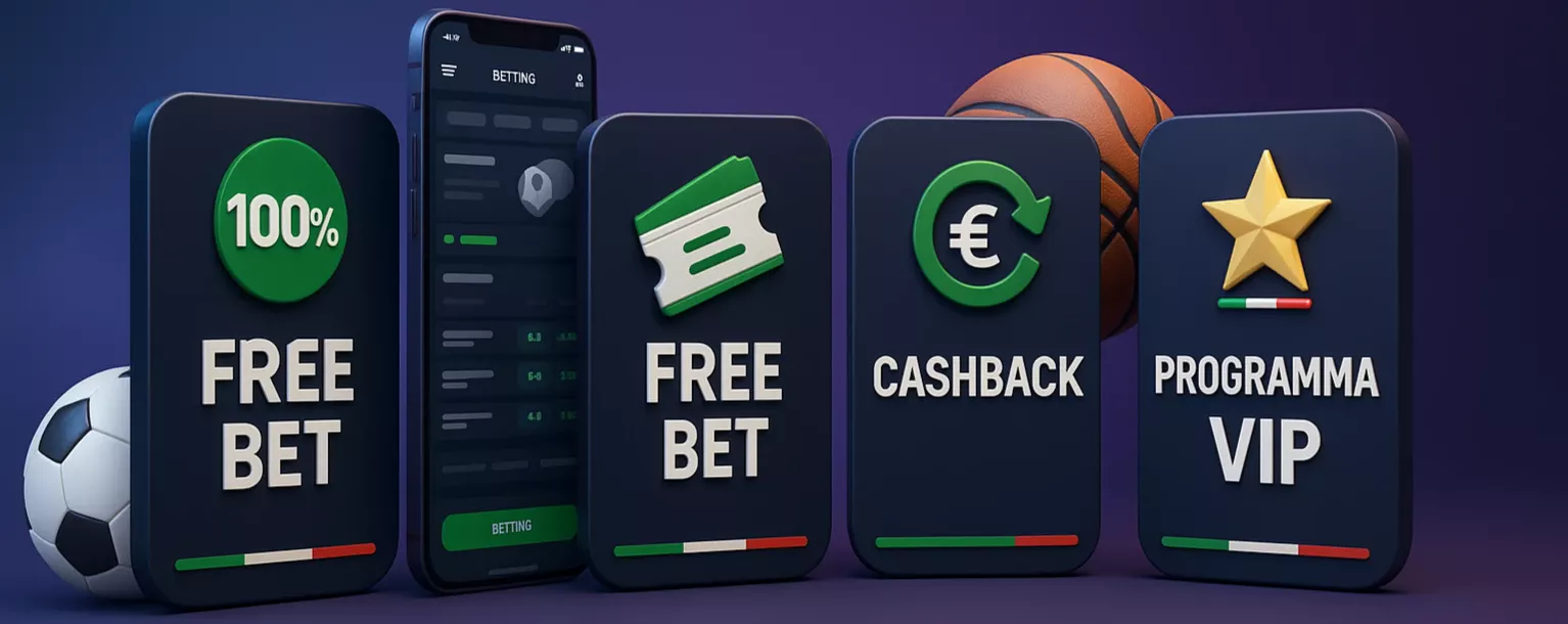 Panoramica delle diverse tipologie di bonus scommesse disponibili sul mercato italiano: bonus benvenuto, cashback, freebet e programmi VIP