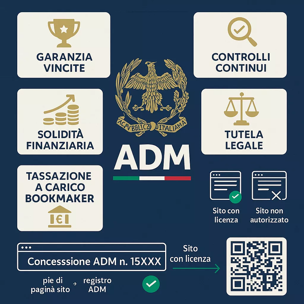 Licenza ADM - Perché è fondamentale per siti scommesse sicuri Infografica che spiega l'importanza della licenza ADM per bookmaker italiani: garanzia vincite, controlli continui, solidità finanziaria, tutela legale, con processo di verifica numero concessione