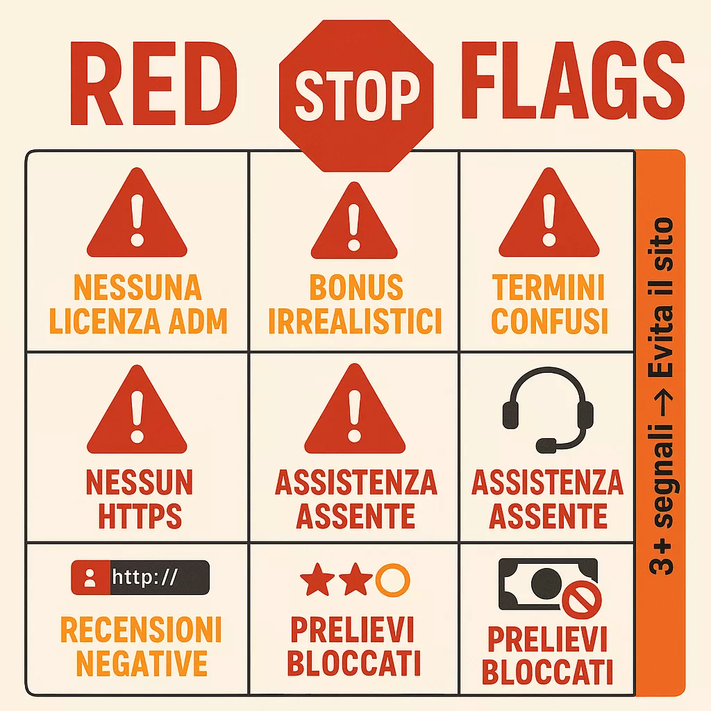 Red flags critici - Segnali di allarme per siti scommesse pericolosi Dashboard con 8 red flags principali per siti betting pericolosi: nessuna licenza ADM, bonus impossibili, pressione depositi, termini confusi, no HTTPS, assistenza assente, recensioni negative, prelievi negati