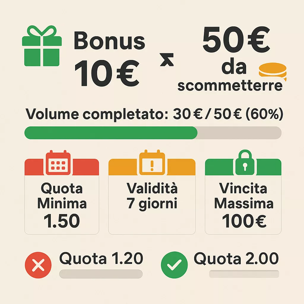 Infografica educativa sul rollover dei bonus senza deposito: formula 10&euro; &times; 5x = 50&euro; da scommettere, con barra progresso e requisiti quote minime visualizzati