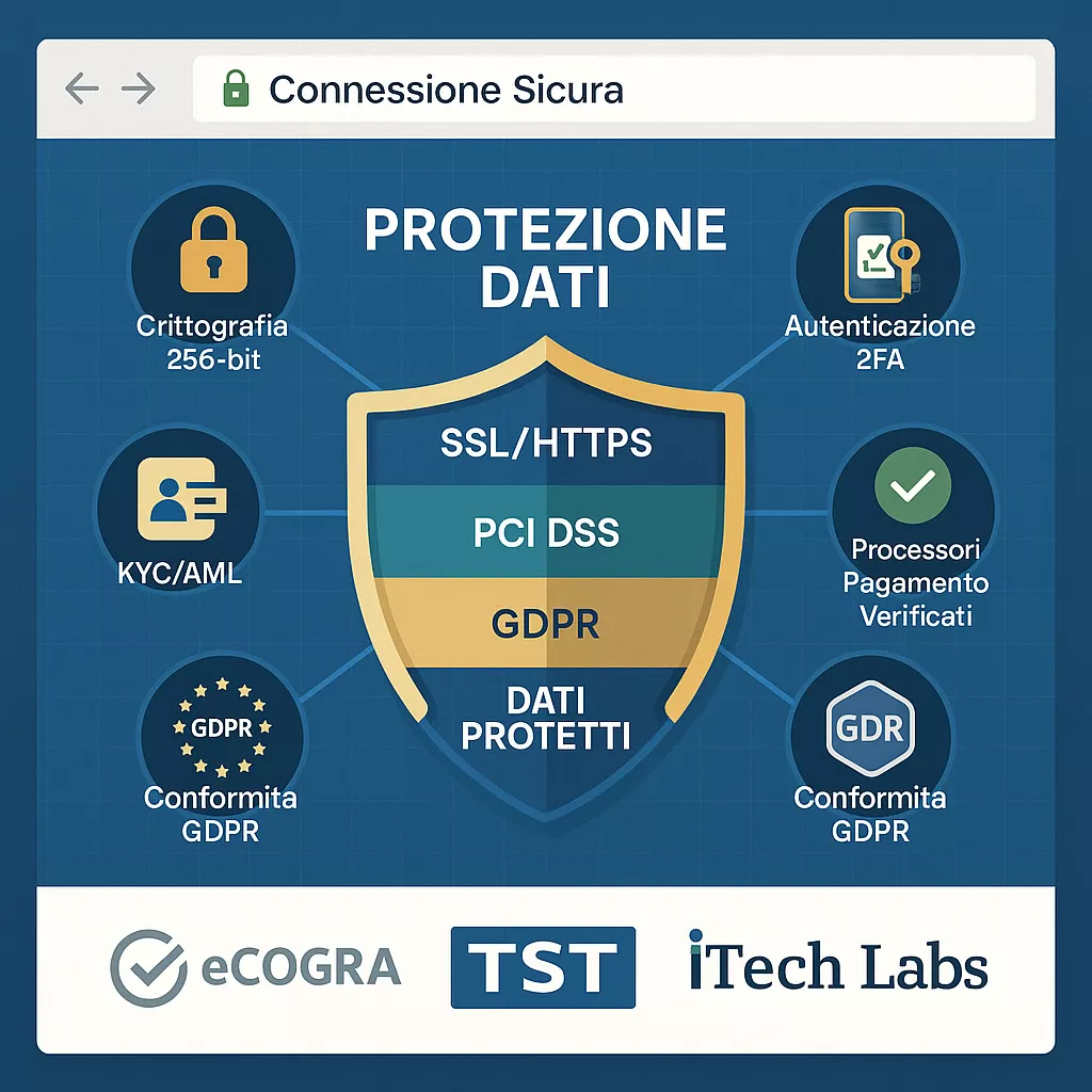 Standard di sicurezza dati per siti scommesse: certificazioni essenziali Diagramma a strati della sicurezza dati per betting: SSL/HTTPS crittografia, certificazione PCI DSS, conformità GDPR, autenticazione 2FA, processori pagamento verificati con badge eCOGRA