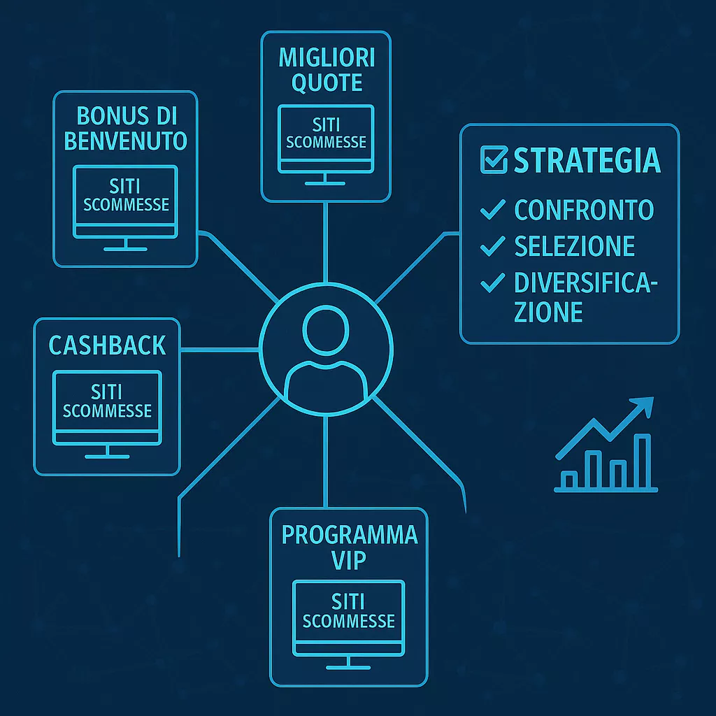 Strategia multi-bookmaker per ottimizzare bonus e quote Visualizzazione della strategia multi-bookmaker: un utente centrale connesso a diverse piattaforme per sfruttare le migliori quote, bonus e promozioni di ciascun sito