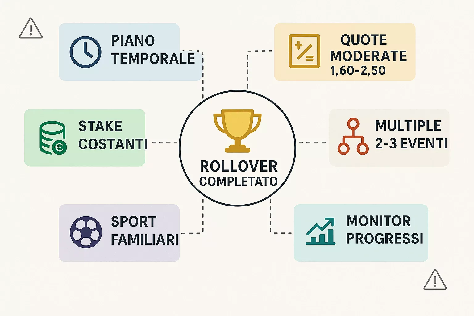 Diagramma strategico con 6 carte che mostrano le migliori pratiche per completare il rollover: pianificazione temporale, quote moderate, stake costanti, multiple, sport familiari e monitoraggio progressi
