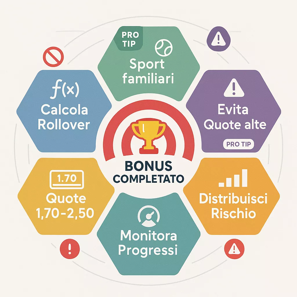 Diagramma strategico a esagoni con 6 best practice per massimizzare successo bonus senza deposito: calcolo rollover, sport familiari, quote moderate, diversificazione rischio, monitoraggio, evitare quote alte