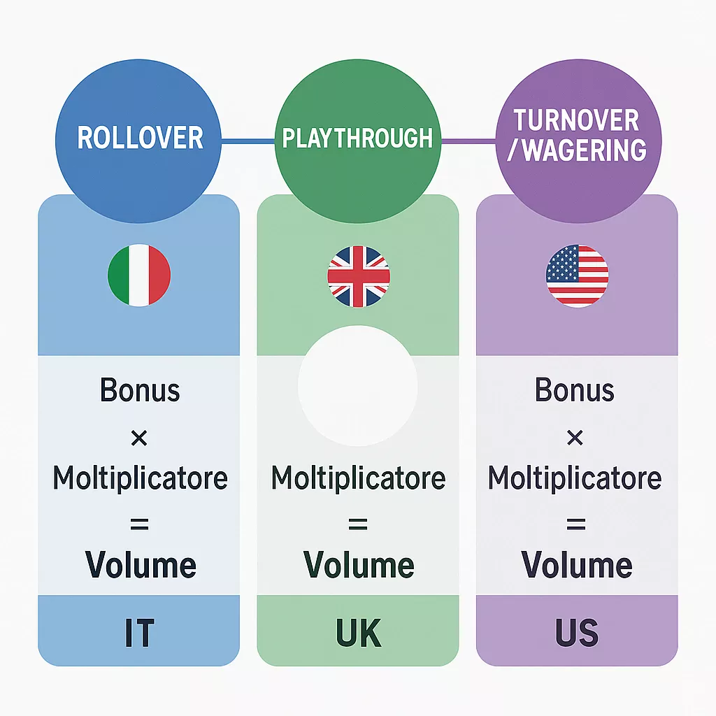 Confronto visivo tra i termini rollover, playthrough e turnover: tre colonne che mostrano le differenze terminologiche ma l'equivalenza concettuale dei requisiti di puntata