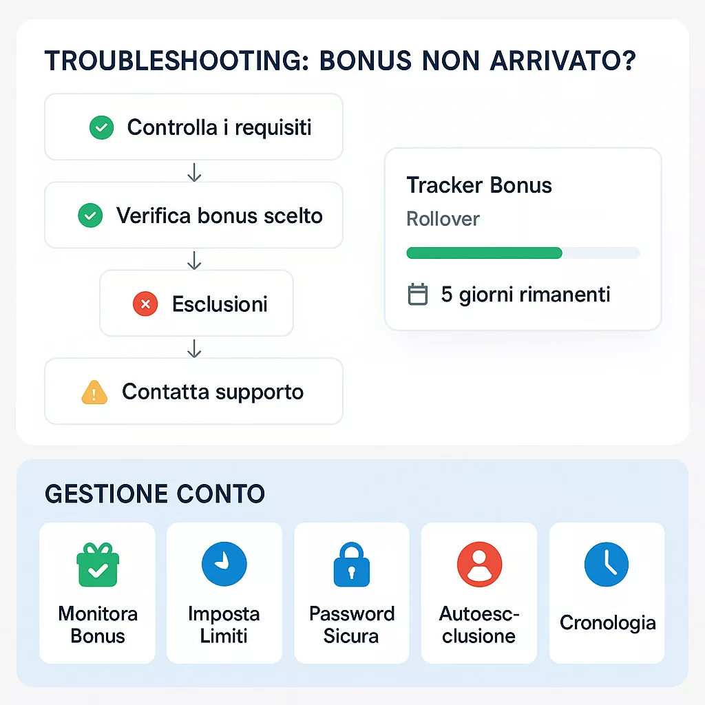 Troubleshooting bonus e gestione account - Guida completa Dashboard troubleshooting divisa in due sezioni: controllo requisiti bonus non arrivato con decision tree e gestione conto con monitoring bonus, limiti, sicurezza, cronologia