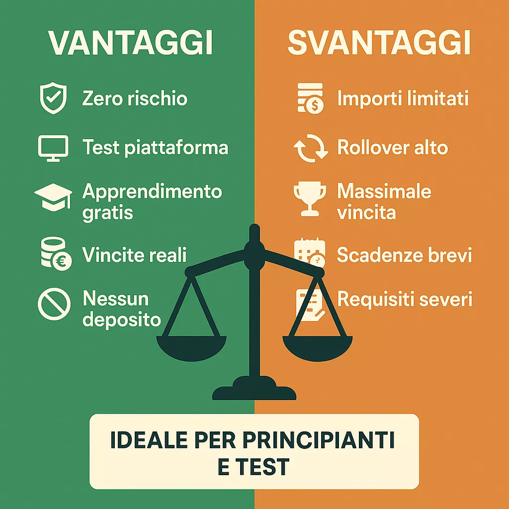 Confronto bilanciato vantaggi e svantaggi bonus senza deposito: lato verde mostra zero rischio, test piattaforma, apprendimento gratis; lato arancione mostra importi limitati, rollover alto, massimali vincita