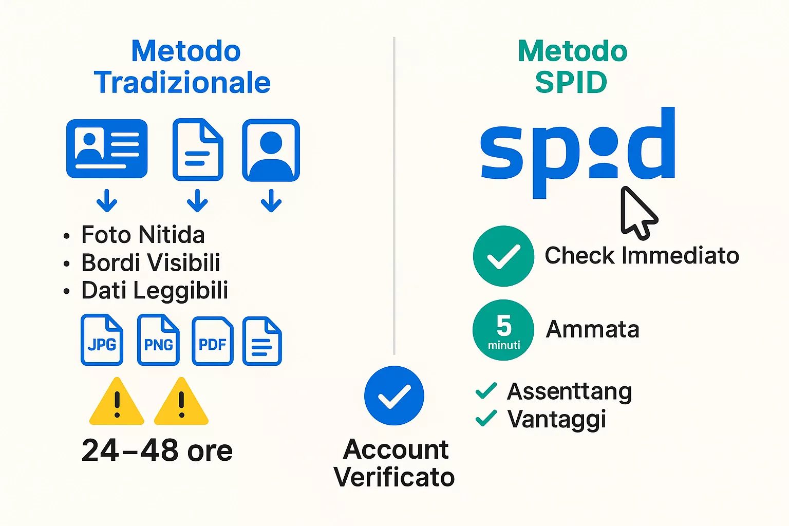 Verifica documenti tradizionale vs SPID - Confronto metodi Confronto tra metodo tradizionale di verifica documenti con upload carta identità e bolletta versus metodo veloce SPID con verifica istantanea in 5 minuti
